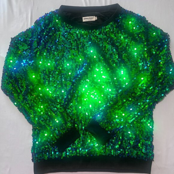 Anna-Kaci Tops - Anna-Kaci Mermaid Sequin Pullover Top Small Green Blue Sparkle Long Sleeve